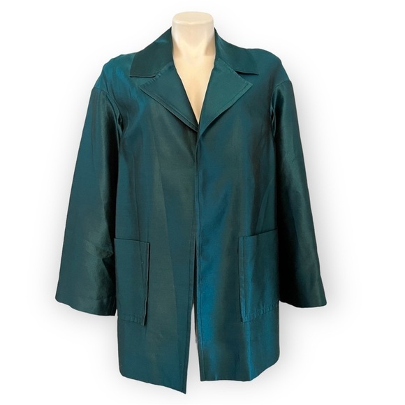 ST. JOHN COUTURE Sharkskin Silk Wool Blend Teal Open Front Jacket Blazer Size 8 - Picture 2 of 10